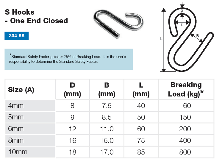 S875 6MM 304 S HOOK ONE END CLOSED Anzor Fasteners